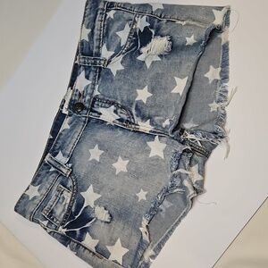 Distressed Denim Shorts Star Print Frayed Hem Cutoff Size 28 By Others Follow